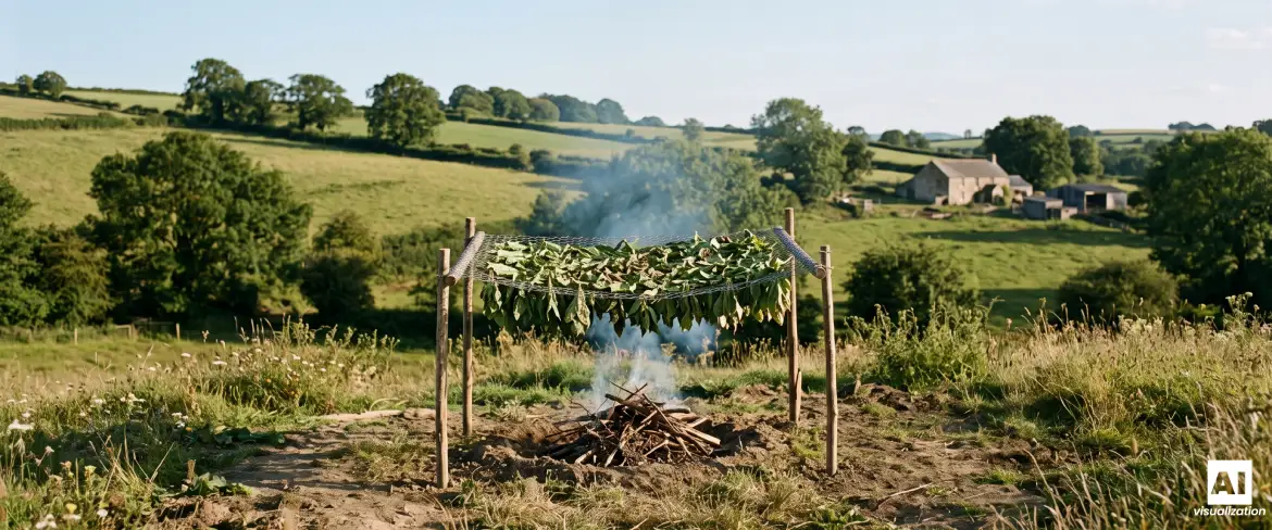 A yerba mate levelek tűz felett történő szárítása a barbacuá-módszerrel a vidéken.
