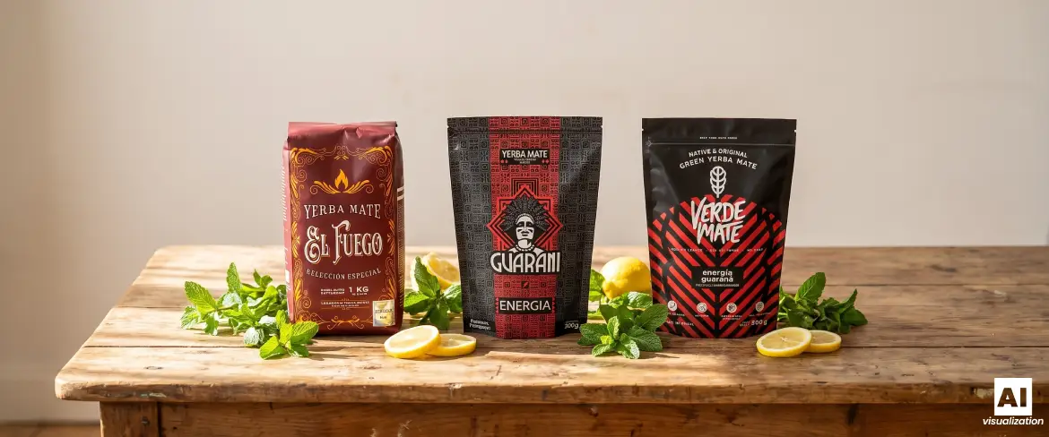 Egy faasztalon háromféle erős yerba mate: guaranával és füstölt levelekkel.
