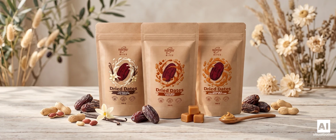 Három Nustino Bites doypack csomag ízesített datolyával, diófélékkel és szárított datolyával.