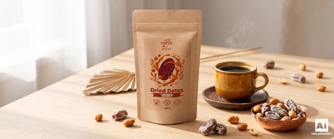Egy csésze kávé és egy diós rágcsálnivaló mellett egy Nustino Bites karamellás mogyorós doypack.