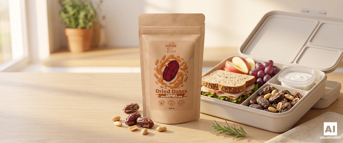 A Nustino Bites krémes mogyoróvaj doypack csomag egy ebéddoboz, egy szendvics, szőlő és diófélék mellett.