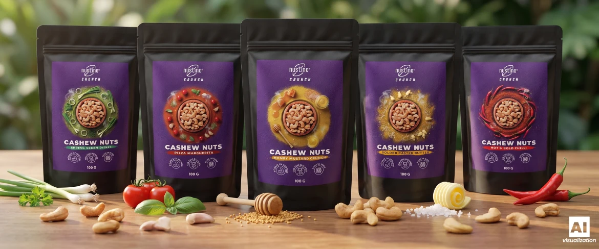 Öt csomag Nustino Crunch ízesített, pörkölt kesudió.