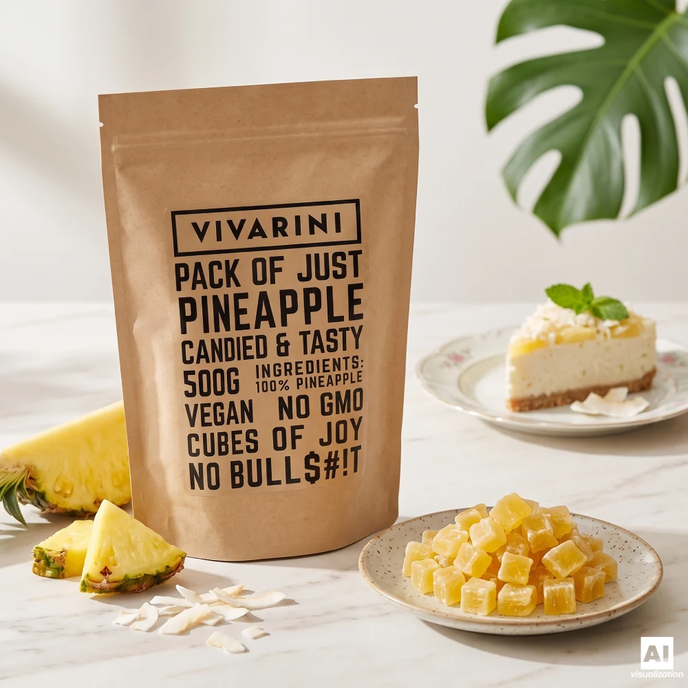 Egy doypack csomag Vivarini kandírozott ananász egy kókuszos sajttorta és friss ananászszeletek mellett egy konyhai munkalapra helyezve.