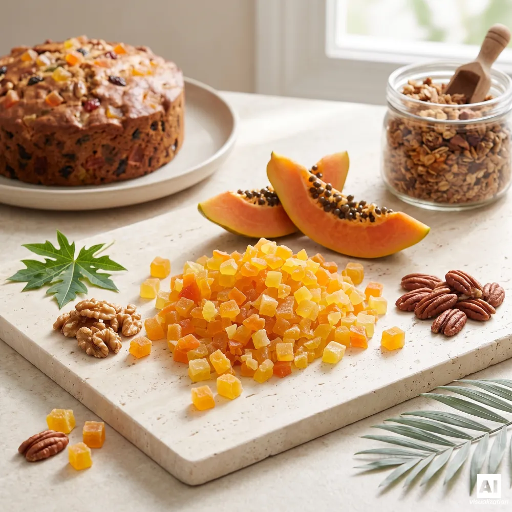 Kandírozott papaya-darabok egy gyümölcstorta mellett, egy üveg házi granola, diófélék és friss, érett papaya.
