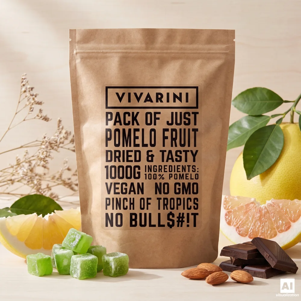 Egy csomag Vivarini kandírozott pomelo friss citrusfélék, étcsokoládé és mandula mellett.