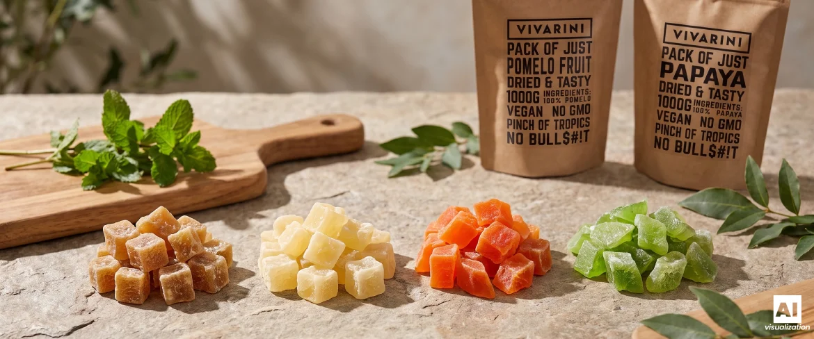 Kandírozott gyümölcsök kockái a Vivarini márkájú kandírozott pomelo és kandírozott papaya doypack-csomagok mellett egy kőből készült munkalapra helyezve.