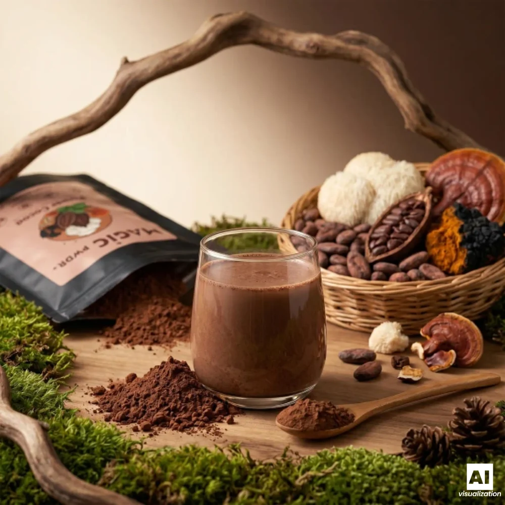 Magic Pwdr Power Cocoa, azaz gomba-kivonatokkal dúsított kakaó, egy csésze meleg kakaóital mellett.