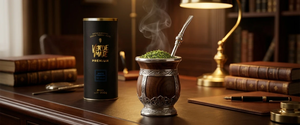 A prémium minőségű forró yerba mate hagyományos elkészítése egy elegáns mate-tökben, a Verde Mate márkájú cső mellett