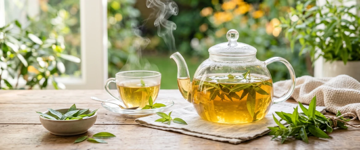 Forró citromverbéna-tea egy üveg teáskannában.