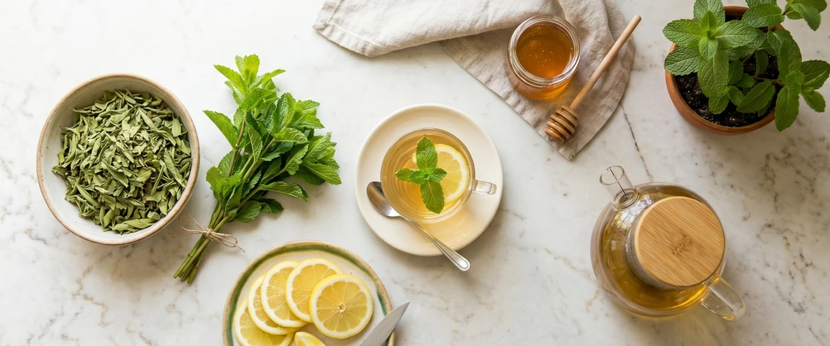 A citromverbéna-tea hozzávalói felülnézetben elrendezve.