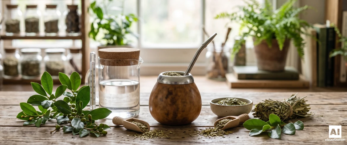 Egy mate-tök yerba mate-val, yerba mate-levelekkel, szárított yerba mate-val, vízzel és egy hőmérővel a főzéshez.