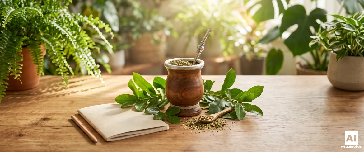 Egy fából készült mate-tökben yerba mate-levél, és egy jegyzetfüzet az asztalon.