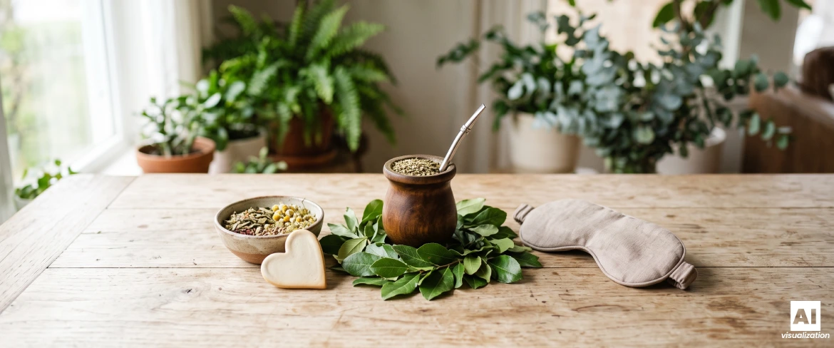 Yerba mate egy mate-tökben, levelekkel, gyógynövényekkel és egy alvómaszkkal körülvéve.