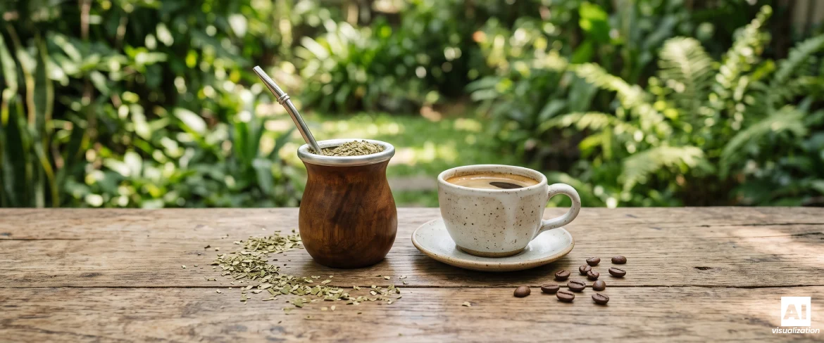 A yerba mate és egy csésze kávé egymás mellett egy faasztalon.