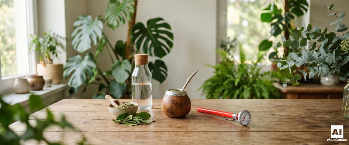 Egy mate-tök yerba mate-val, vízzel, szárított yerba mate-val és egy hőmérővel az infúzió hőmérsékletének ellenőrzéséhez.