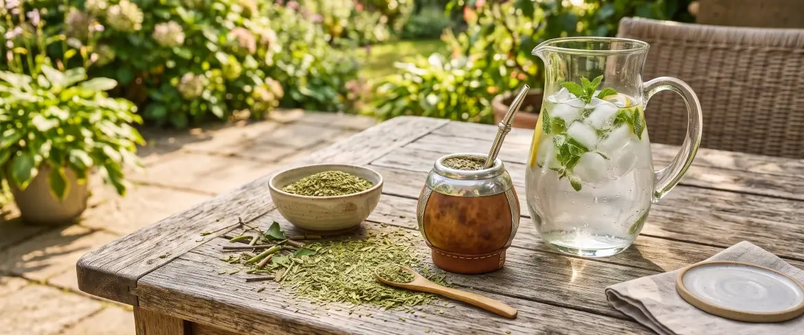Yerba mate levelek és egy üvegkancsó jéghideg vízzel