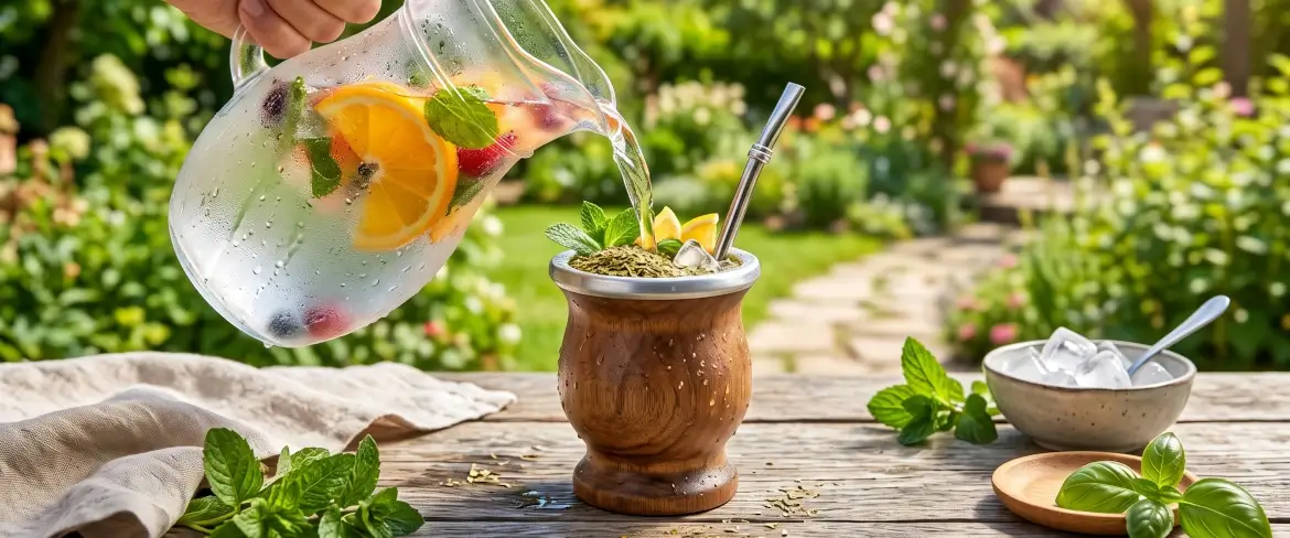 Hideg yerba mate-t hűtött gyümölcslével kevernek össze a tereré elkészítéséhez