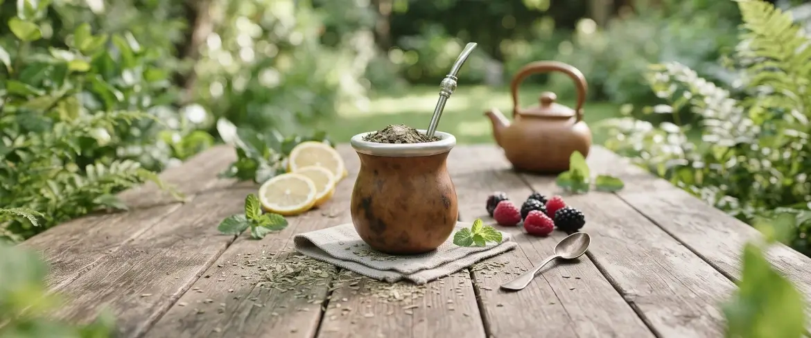 Egy faasztalon álló mate-tök, benne yerba mate-val, mellette citrommal és mentával – így teremtve meg az ital természetes környezetét.
