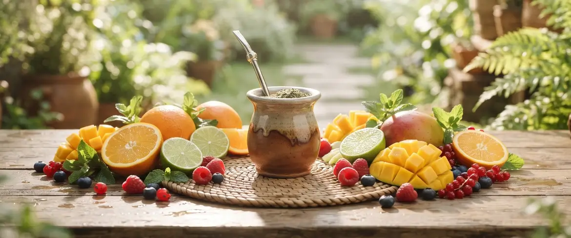 A mate-töket körülvevő gyümölcsös yerba mate – citrusfélékkel, mangóval és bogyós gyümölcsökkel – friss és üdítő ízű főzetet eredményez.