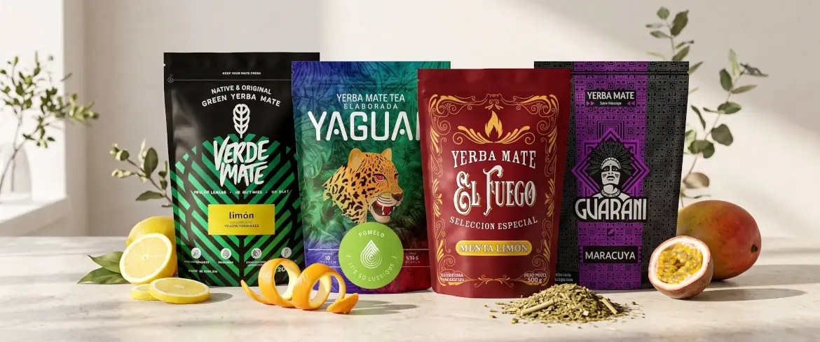 Különböző ízesítésű, gyümölcsös yerba mate doypack csomagok, beleértve a citrusos és gyümölcsös yerba mate-t is.