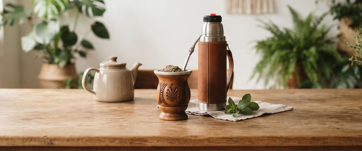 Egy asztalon egy mate-tök, benne yerba mate, egy termosz és a főzéshez szükséges eszközök – ez a kép a yerba mate napi rituáléját ábrázolja.