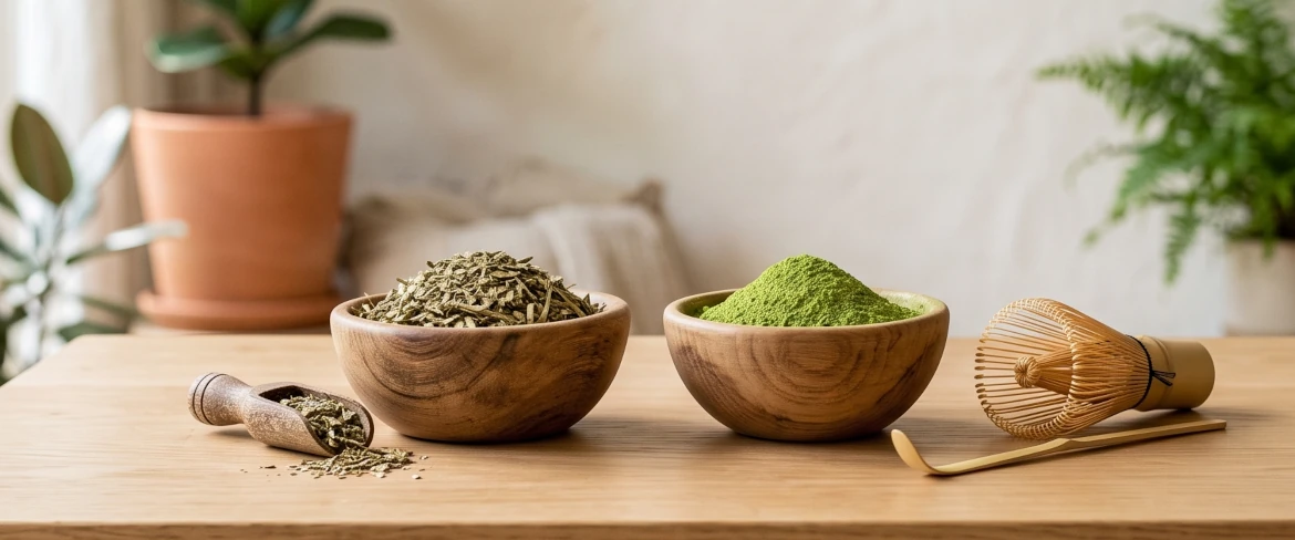 Matcha zöld tea kontra yerba mate: fa tálak száraz yerba mate levelekkel és zöld matcha porral.