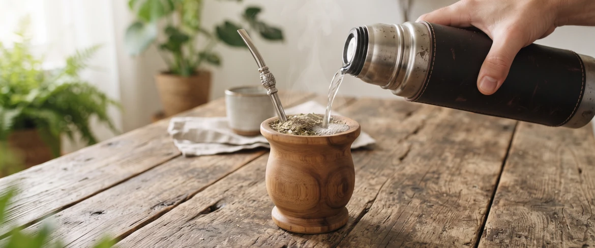 Forró vizet öntenek egy termoszból egy fából készült mate-tökbe, amelyben yerba mate és egy bombilla található.