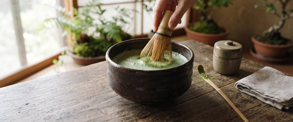 A matcha hagyományos elkészítése sötét tálban, bambusz chasen habverővel.