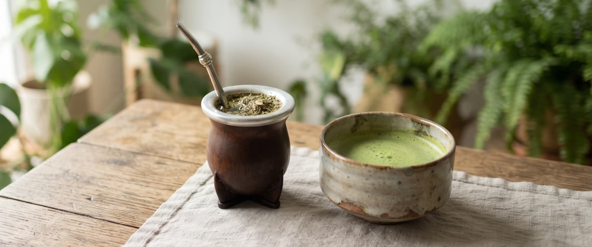 A matcha és a yerba mate közvetlen összehasonlítása: egy mate-tök bombillával és egy kerámia tálka az infúzióval.