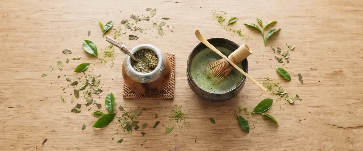 A yerba mate és a matcha felülnézete: egy fa mate-tök és egy kerámia tál, amelyet levelek vesznek körül.