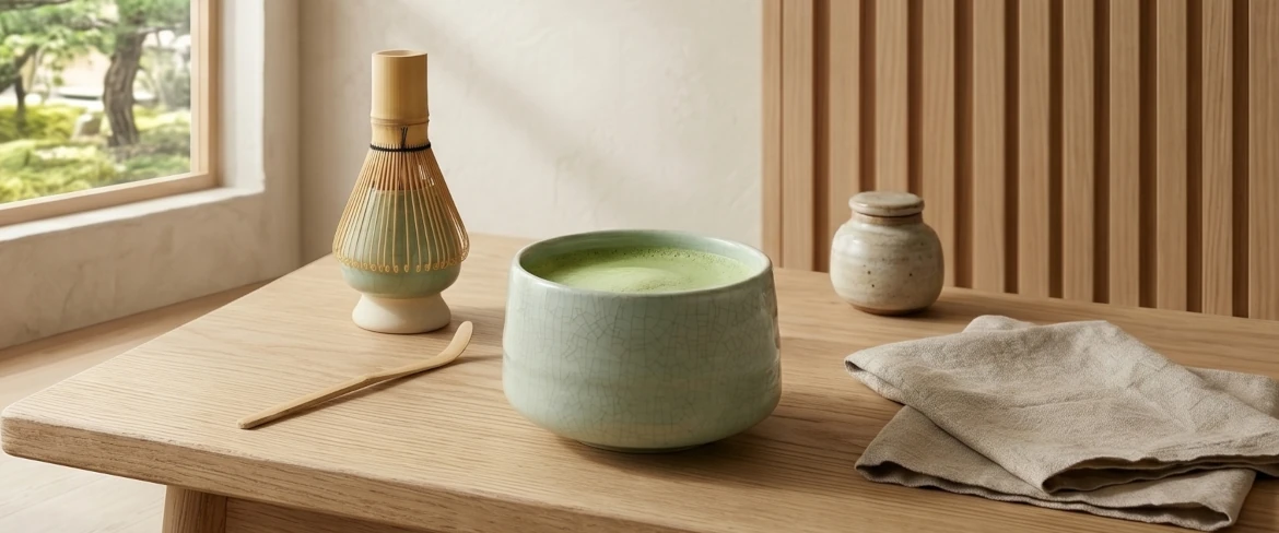 Matcha tea egy matchawan tálban, chasen habverővel – matcha teáskészlet