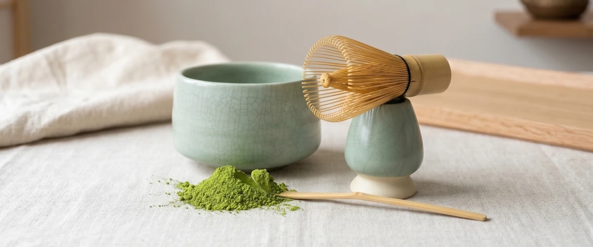 Matcha habverő (chasen) és kusenaoshi állvány – matcha szett