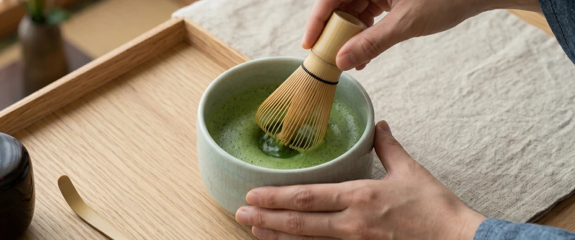 Matcha-tea elkészítése matchawan-ban chasen segítségével – egy matcha-készlet