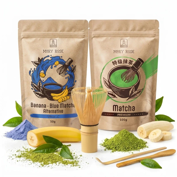 Készlet színes Matcha Latte-hoz: Matcha + Blue Matcha + kiegészítők