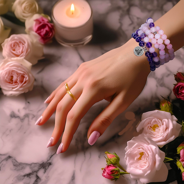 Ametiszt és rózsakvarc Mala karkötő – Buddha