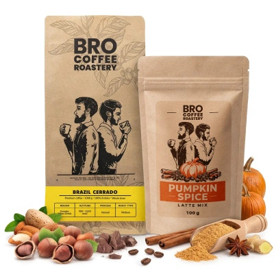 Pumpkin Spice Latte szett: Bro Coffee Roastery Brazil Cerrado kávé 1kg + Pumpkin Spice Latte Mix 100g