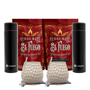 Yerba Mate szett két főre: El Fuego 2x500g + 2x Thermosz LED + 2x Mate Tök + 2x Bombilla