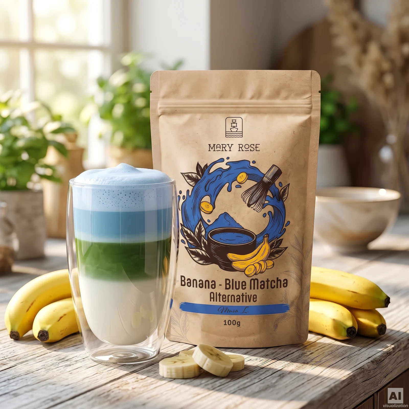 Háromszínű Blue Banana Matcha Latte Mary Rose Blue Matcha Alternative Banán porral