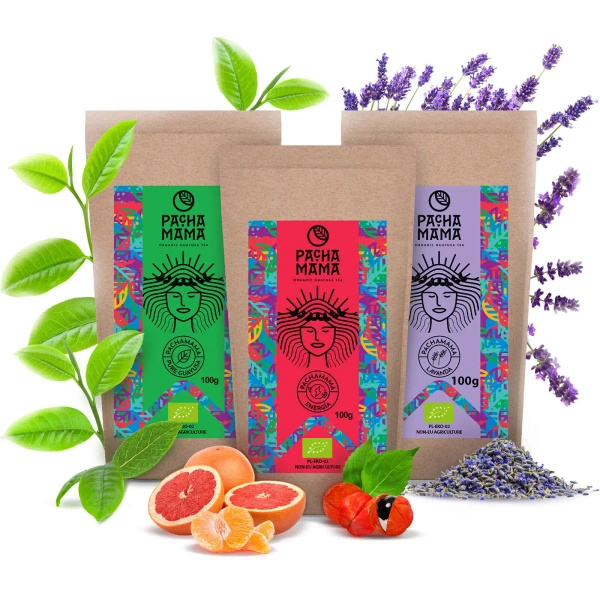 Ajándékcsomag Guayusa Pachamama: Pure + Lavanda + Energia 3x100g