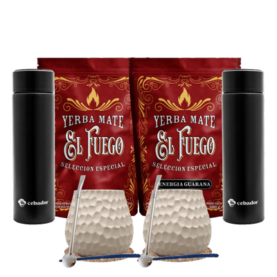 Yerba Mate szett két főre: El Fuego 2x500g + 2x Thermosz LED + 2x Mate Tök + 2x Bombilla