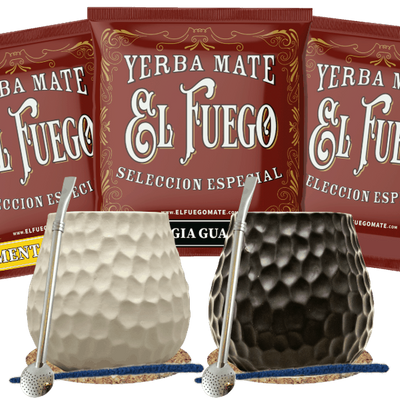Yerba Mate készlet két személyre: minták El Fuego 3x50g + Mate Tök + 2x Bombilla