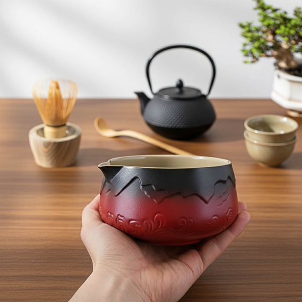 Matchawan – Kerámia Matcha tál kiöntővel – Mountain (piros)