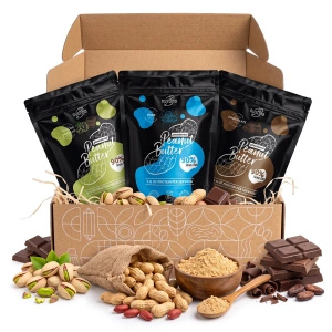 Porított mogyoróvaj-ajándékcsomag Nustino: Pure + Chocolate + Pistachio & Chocolate 3x400g