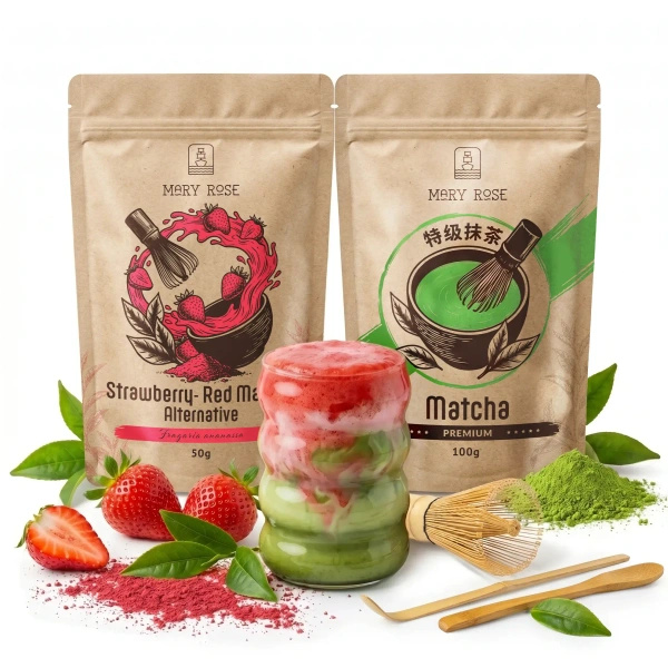 Készlet színes Matcha Latte-hoz: Matcha + Red Matcha + kiegészítők