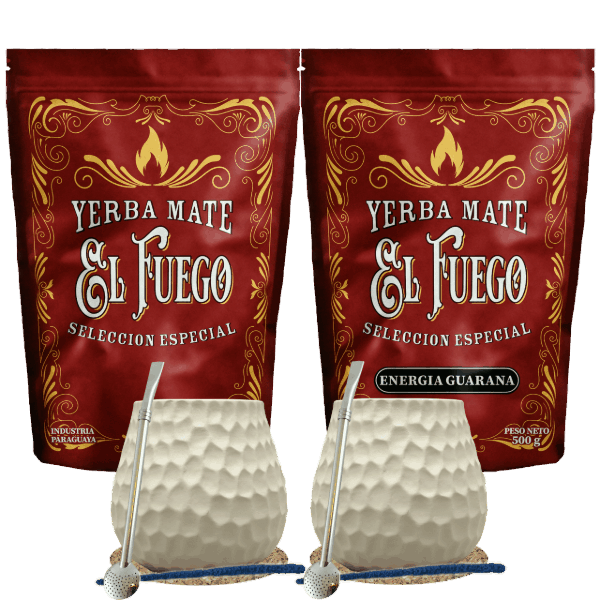 Kezdőcsomag két fő részére Yerba Mate El Fuego 2×500 g + 2× Mate Tök + 2× Bombilla