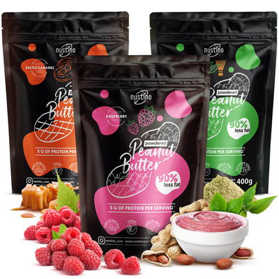Nustino porított mogyoróvaj szett: Raspberry + Salted Caramel + Matcha 3x400g