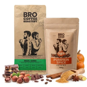 Pumpkin Spice Latte szett: Bro Coffee Roastery Brazil Samba kávé 1kg + Pumpkin Spice Latte Mix 100g