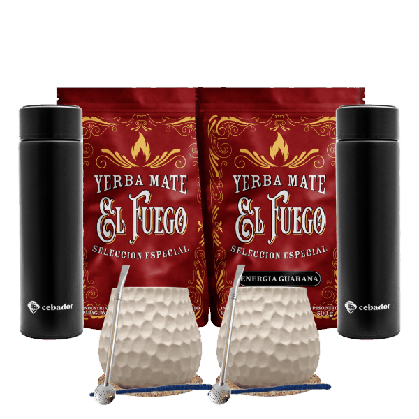Yerba Mate szett két főre: El Fuego 2x500g + 2x Thermosz LED + 2x Mate Tök + 2x Bombilla