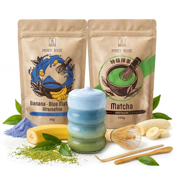 Készlet színes Matcha Latte-hoz: Matcha + Blue Matcha + kiegészítők