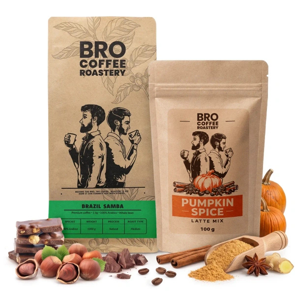 Pumpkin Spice Latte szett: Bro Coffee Roastery Brazil Samba kávé 1kg + Pumpkin Spice Latte Mix 100g
